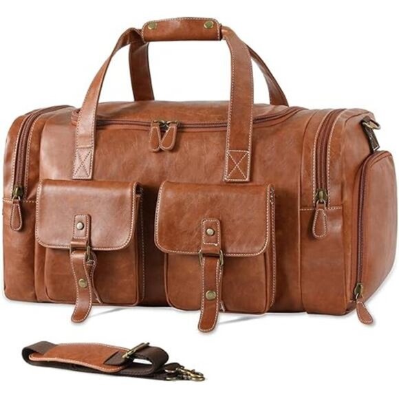 PU Leather Travel Duffel Bag with Shoe Pouch Large Carry on Bag Waterproof - Picture 7 of 7